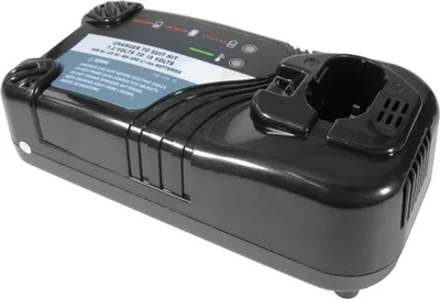 A black battery charger is shown against a white background.