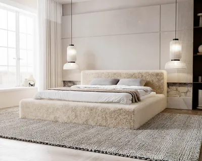 Produktbild von Polsterbett 180x200 Alros, Doppelbett mit Bettkasten, Fellimitat (Beige - Lapit 29)