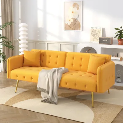 Produktbild von Multifunktion Zweisitzer-Sofabett mit verstellbarer Rückenlehne & mehrstufigen Armlehnen, Faltsofa mit Veloursbezug & Liegefläche,für Wohnzimmer, 178x82x70cm, gelb