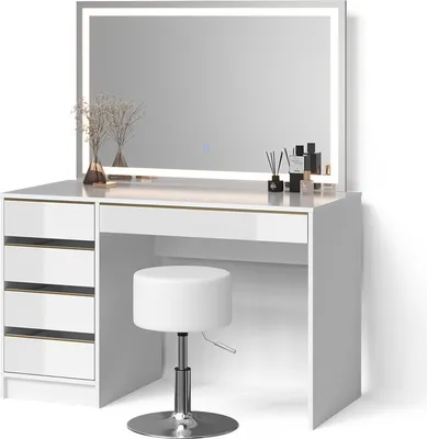 A white vanity table with a large LED mirror and a white stool, set against a white background.