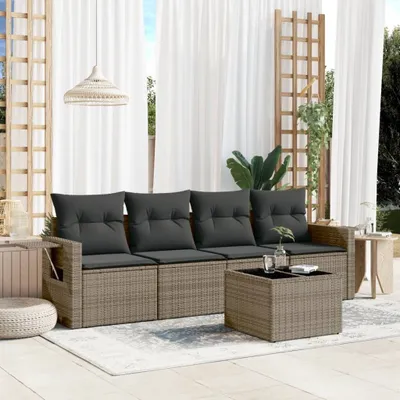 Produktbild von Design 5-tlg. Garten-Sofagarnitur mit Kissen Grau Poly Rattan, Gartenmöbel-Sets 2024 Neu