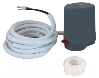 A product shot of a thermostatic actuator with a coiled white cable and a separate white adapter ring.