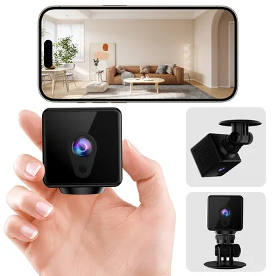 A hand holding a mini camera, with a smartphone displaying a live feed from the camera and additional product shots.