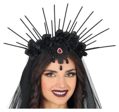 Produktbild von Schwarzer Gothic Haarreif mit Blumen & Strahlen