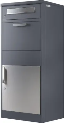A dark gray parcel mailbox with stainless steel elements.