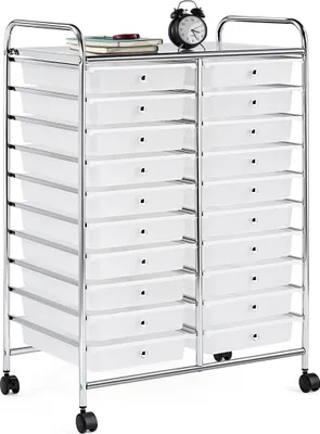 Produktbild von Yaheetech Rollwagen Rollcontainer mit 20 stapelbaren Schubladen und Metallgestell Aufbewahrungswagen in weiß Beistellwagen für Büro Küche Bad Weiß