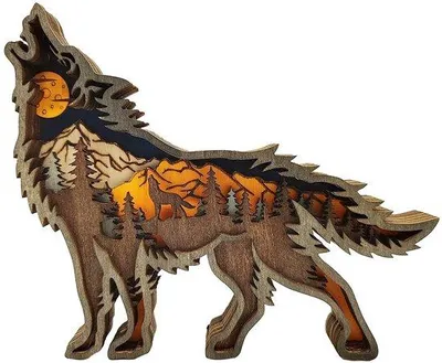 Obrázek produktu pro Dřevěná nástěnná socha vlka, 3D design, doplněk do obývacího pokoje, dekorace do bytu, dekorace na stůl