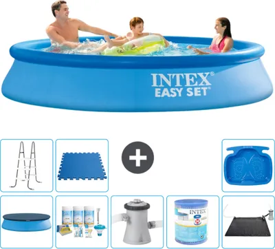 Produktbild von Intex runder aufblasbarer Easy Set-Pool – 305 x 61 cm – Blau – im Lieferumfang enthalten Abdeckung - Wartungspaket - Filterpumpe für Schwimmbad - Filter - Solarmatte - Leiter