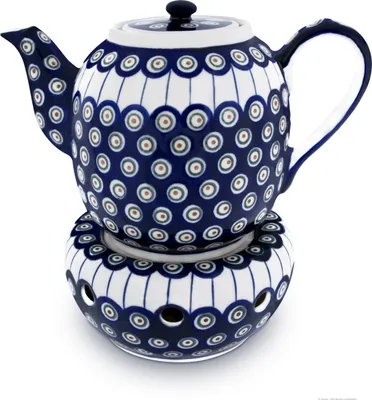 Produktbild von Original Bunzlauer Keramik 1,5 Liter Teekanne Ø27,2 cm mit bauchigem Stövchen Design 8