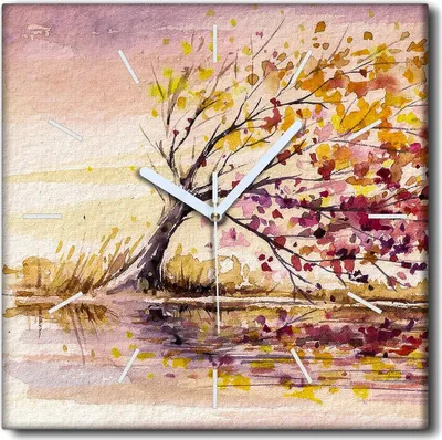 Produktbild von Coloray Uhr auf Leinwand 30x30 cm Wand Uhr Dekoration Wohnzimmer Segeltuch weiße Zeiger -Herbst-Windbäume