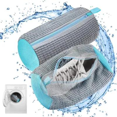 Image de Sacs de lavage pour chaussures, lot de 2, réutilisables, avec fermeture éclair, en peluche, couleur grise