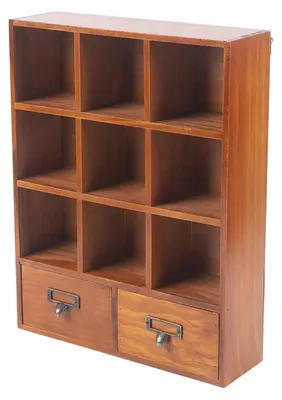 Produktbild von Holzregal - Bücherregal / Dekoregal mit 9 Fächern - 2 Schubladen - Wandregal - Vintage Stil - 33,3×10×42,5 cm - Braun