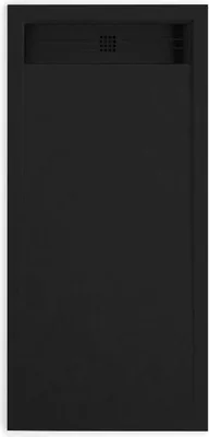A black shower tray with a drainage grate.