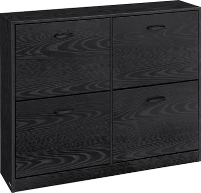 A black wooden shoe cabinet with four flip-down drawers.