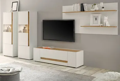 A modern living room setup with a TV, media console, and shelving unit.