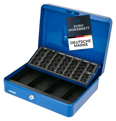 Geldkassette mit Euro-Münzzählbrett von HMF mit 30 cm Breite in Blau