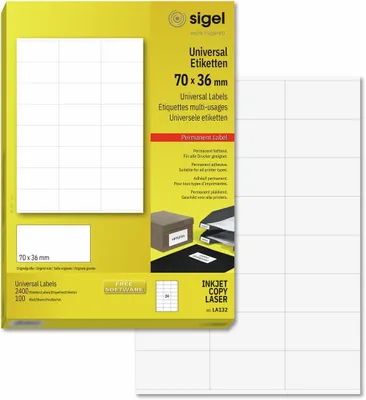 Produktbild von SIGEL LA132 Universal-Etiketten, 70 x 36 mm, weiß, 2400 Etiketten