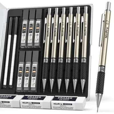 Obrázek produktu pro Sada mechanických tužek s kovovým tělem, 0,7 mm, HB, 6 kusů, černá, včetně gumek a náplní