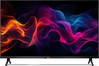 A television screen displaying a colorful abstract image, with its stand visible.
