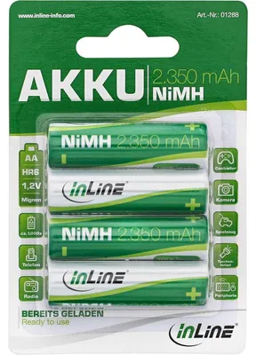 Produktbild von InLine NiMH-Akku, Mignon (AA), 2350mAh, vorgeladen, im 4er Blister, Wiederaufladbarer Akku, AA, Nickel-Metallhydrid (NiMH), 1,2 V, 4 Stück(e), 2350 mAh