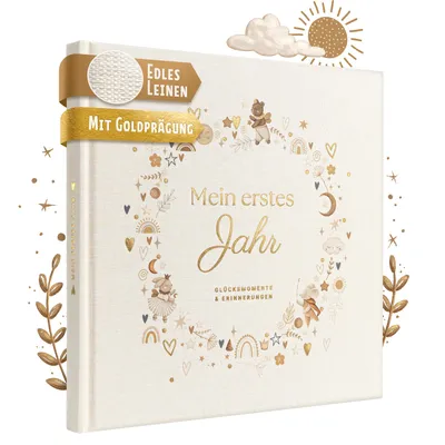 Produktbild von EULENTALER® Babyalbum mein erstes Jahr, Leinen & Goldprägung I von Pädagogen gestaltet I Babytagebuch 1. Jahr zum ausfüllen, Erinnerungsbuch