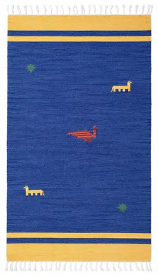 Produktbild von Kelim Teppich Blau Baumwolle Gabbeh ca 160x090cm Handgewebt Fransen Einzelstück