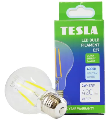 Obrázek produktu pro Tesla - LED žárovka FILAMENT A class, E27, 2W, 420lm, 4000K denní bílá, 360st, čirá, 230V, 25 000h