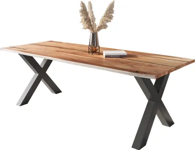 Produktbild von Baumkantentisch Akazie mit schwarzen Resin-Adern naturfarben 280 x 100 cm X-Gestell schwarz POLLY