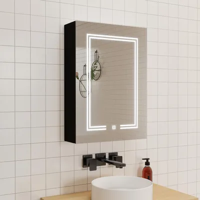 Produktbild von LED Spiegelschrank 60x70 cm, beschlagfrei, mit 3 dimmbaren Lichtfarben, Rasiersteckdose, IP44 - Hochglanz Schwarz