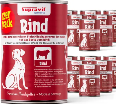 Produktbild von Supravit Hundenassfutter mit Rind 12 x 410g Dosen | Nassfutter getreidefrei mit hohem Fleischanteil für Hunde