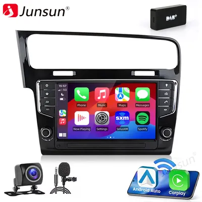 A car infotainment system with various app icons displayed on the screen, along with accessories like a camera and microphone.