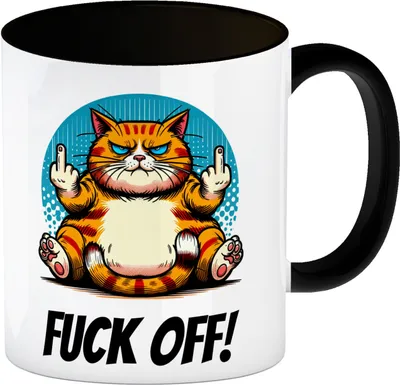 Produktbild von Katze Mittelfinger Kaffeebecher in schwarz mit Spruch Fuck OFF!
