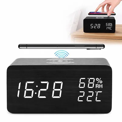 Produktbild von Digitaler Wecker mit kabelloser Ladefunktion, LED-Holzuhr mit Temperatur- und Luftfeuchtigkeitsanzeige, 3 Weckzeiten, USB, 12/24 Std.