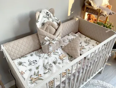 Produktbild von Baby Bettwäsche Set- 4 teiliges Set mit Babybettwäsche, Einschlagdecke und Bettnestchen Bettumrandung, für Babybett 140×70cm, Safari 2 und Sand