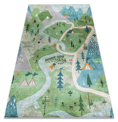 Produktbild von BAMBINO 61550 Waschteppich Wald, Straßen, Berge für Kinder Anti-Rutsch - grün / grau Grün 80x150 cm