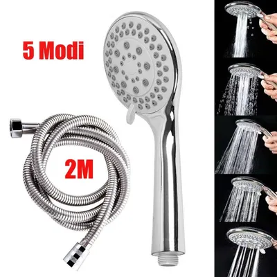 Produktbild von Duschkopf – Handbrause – Hochdruckstrahl – Edelstahl-Duschkopf – Regendusche – 5 Strahlarten – Mit 2,0 m Schlauch – Silber