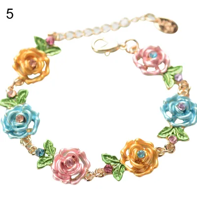 Produktbild von Armband mit Blumen-Design, schöner Schmuck, mit Strasssteinen eingelegte Armreif-Handkette für Party-Bunt