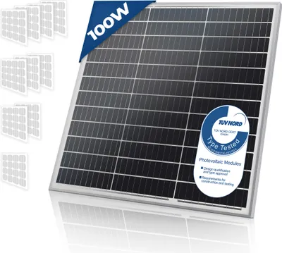 Produktbild von Solarpanel Monokristallin - 100 W, 18 V für 12 V Batterien, Photovoltaik, Ladekabel, Silizium - Solarzelle, Solaranlage für Wohnwagen, Camping