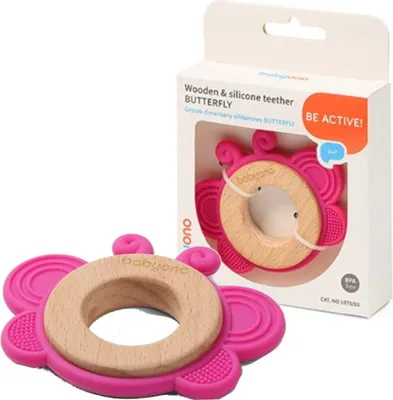 Zdjęcie produktu dla BabyOno Drewniany gryzak silikonowy - motylek, rowy