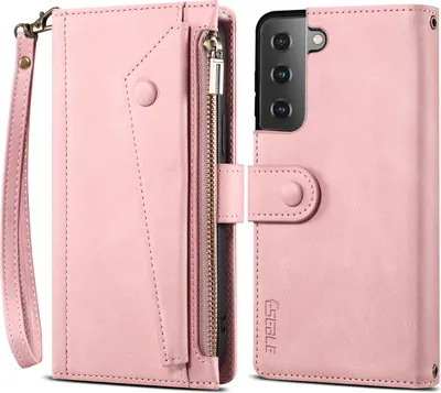 Produktbild von Schutzhülle für Samsung Galaxy S21 5G Reißverschluss Hülle, Leder Klapphülle Kartenfach Standfunktion Brieftasche mit Trageband Rosa
