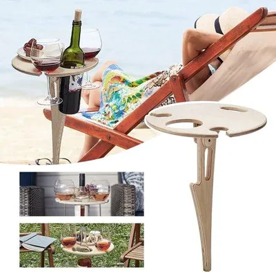 Produktbild von Unyqoos® Tragbarer Weintisch aus Holz, klappbar Ø20×H33 cm – für 1 Flasche & 2 Gläser, Strand, Garten, Camping