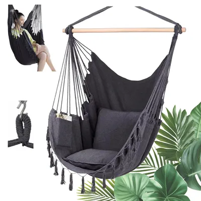 Produktbild von Hängesessel Brasilianisch 130x100 cm Dunkelgrau – Boho Hängestuhl für Garten, Terrasse & Wohnzimmer, bis 120 kg Belastung