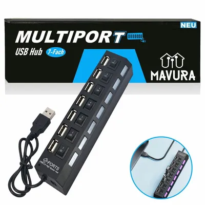 A black USB hub with multiple ports and individual switches, shown with its packaging and a close-up inset of it connected to a computer.
