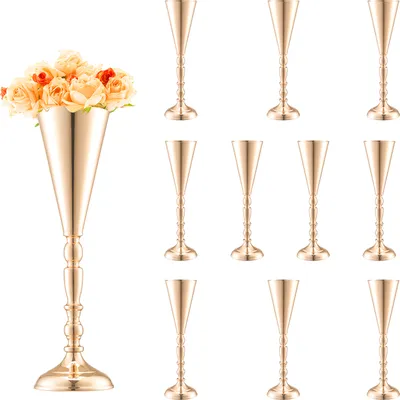 Immagine prodotto di VEVOR 10 pezzi vaso di fiori alto 43 cm per matrimoni, centrotavola a tromba in metallo, portafiori dorato per tavoli di cene di nozze, feste, anniversari, cerimonie, compleanni, decorazione di eventi