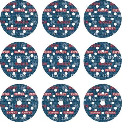 Immagine prodotto di Bosch EXPERT O780 Set di dischi abrasivi in lamina 125 mm G80 G120 G180 9 pezzi - 2608902407
