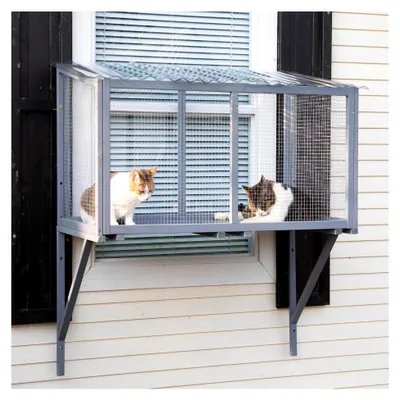 Produktbild von Katzenfenster Catio aus Holz – Wetterfester Katzen-Fensterkasten mit verzinktem Drahtgitter und PVC-Dach, Große Aussichtsplattform für Katzen, Stabil an der Wand montierbar (Dunkelgrau)