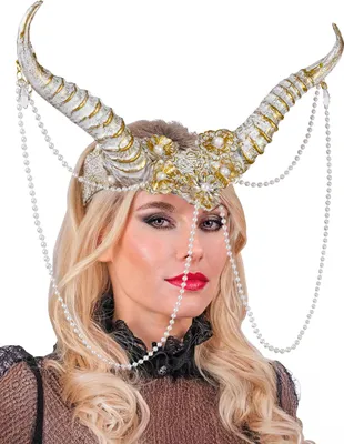 Productafbeelding van Gouden en witte hoorns voor demonen - Haaraccessoire met parels, voor volwassenen - One size