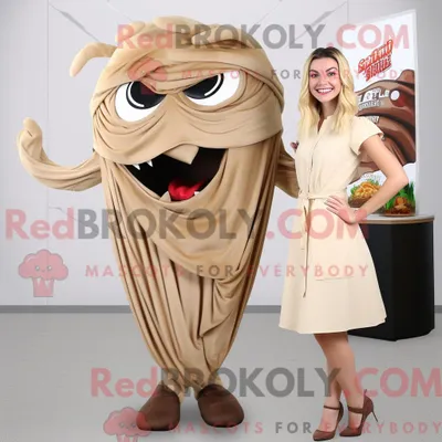 Obrázek produktu pro Postava REDBROKOLY maskota Tan Steak oblečená v zavinovacích šatech a sponkách do vlasů