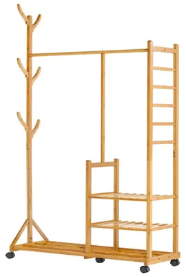 Produktbild von Kleiderständer Garderobenständer Kleiderstange - 100 x 38 x 176 cm - Bambus - 4-in-1 - Mit Schuhregal und Rollen