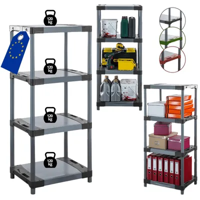 Produktbild von MODO24 Kunststoffregal, 4 Ablagen, 120kg/Boden, Schwerlast, Steckregal, Lagerregal, Plastikregal, Werkstatt, 138x50x46?cm, Grau, JUPITER